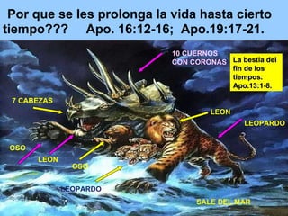 Por que se les prolonga la vida hasta cierto tiempo???  Apo. 16:12-16;  Apo.19:17-21. 7 CABEZAS 10 CUERNOS CON CORONAS LEOPARDO OSO LEON SALE DEL MAR LEON LEOPARDO OSO La bestia del fin de los tiempos. Apo.13:1-8. 