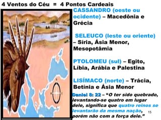 CASSANDRO (oeste ou
ocidente) – Macedônia e
Grécia
SELEUCO (leste ou oriente)
– Síria, Ásia Menor,
Mesopotâmia
PTOLOMEU (sul) – Egito,
Líbia, Arábia e Palestina
LISÍMACO (norte) – Trácia,
Betínia e Ásia Menor
4 Ventos do Céu = 4 Pontos Cardeais
Daniel 8: 22Daniel 8: 22 – “O ter sido quebrado,
levantando-se quatro em lugar
dele, significa que quatro reinos se
levantarão da mesma nação,
porém não com a força dele.”
15
 