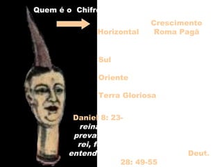 Sul = Egito - 30 aC
Oriente = Síria - 65 aC
Terra Gloriosa =
Palestina - 63 aC
Daniel 8: 23-” Mas, no fim do seu
reinado, quando acabarem os
prevaricadores, se levantará um
rei, feroz de semblante, e será
entendido em adivinhações.” Deut.
28: 49-55
Quem é o Chifre Pequeno de Daniel 8?
Quando está Crescimento
Horizontal é Roma Pagã
que cresce para:
18
 