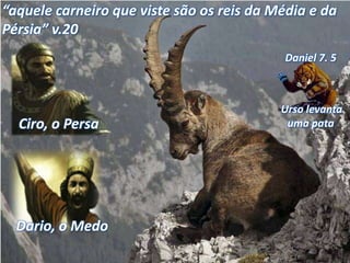 “aquele carneiro que viste são os reis da Média e da
Pérsia” v.20
Dario, o Medo
Ciro, o Persa
Daniel 7. 5
Urso levanta
uma pata
 
