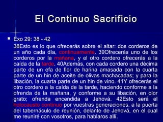 El Continuo Sacrificio


Exo 29: 38 - 42
38Esto es lo que ofrecerás sobre el altar: dos corderos de
38
un año cada día, continuamente. 39Ofrecerás uno de los
corderos por la mañana, y el otro cordero ofrecerás a la
caída de la tarde. 40Además, con cada cordero una décima
parte de un efa de flor de harina amasada con la cuarta
parte de un hin de aceite de olivas machacadas; y para la
libación, la cuarta parte de un hin de vino. 41Y ofrecerás el
otro cordero a la caída de la tarde, haciendo conforme a la
ofrenda de la mañana, y conforme a su libación, en olor
grato; ofrenda encendida a Jehová. 42Esto será el
holocausto continuo por vuestras generaciones, a la puerta
del tabernáculo de reunión, delante de Jehová, en el cual
me reuniré con vosotros, para hablaros allí.

 