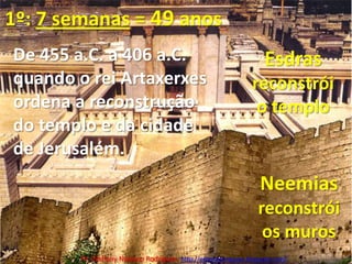 1º: 7 semanas= 49 anosDe 455 a.C. a 406 a.C. quando o rei Artaxerxes ordena a reconstrução do templo e da cidade de Jerusalém.Esdras reconstrói o temploNeemiasreconstrói os murosPr. Welfany NolascoRodrigues  http://esbocopregacao.blogspot.com/