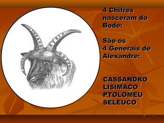 4 Chifres4 Chifres
nasceram donasceram do
Bode:Bode:
São osSão os
4 Generais de4 Generais de
Alexandre:Alexandre:
CASSANDROCASSANDRO
LISÍMACOLISÍMACO
PTOLOMEUPTOLOMEU
SELEUCOSELEUCO
1313
 