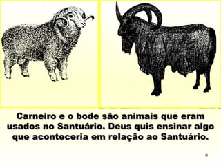 Carneiro e o bode são animais que eramCarneiro e o bode são animais que eram
usados no Santuário. Deus quis ensinar algousados no Santuário. Deus quis ensinar algo
que aconteceria em relação ao Santuário.que aconteceria em relação ao Santuário.
8
 