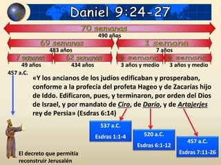 El decreto que permitía
reconstruir Jerusalén
457 a.C.
490 años
483 años 7 años
49 años 434 años 3 años y medio 3 años y medio
«Y los ancianos de los judíos edificaban y prosperaban,
conforme a la profecía del profeta Hageo y de Zacarías hijo
de Iddo. Edificaron, pues, y terminaron, por orden del Dios
de Israel, y por mandato de Ciro, de Darío, y de Artajerjes
rey de Persia» (Esdras 6:14)
537 a.C.
Esdras 1:1-4 520 a.C.
Esdras 6:1-12
457 a.C.
Esdras 7:11-26
 