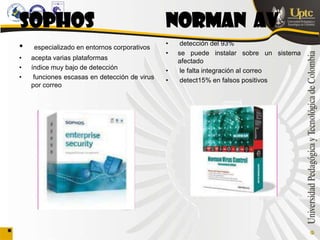 SOPHOS                                         NORMAN AV
                                               •
•   especializado en entornos corporativos
                                                    detección del 93%
                                               •   se puede instalar sobre un sistema
•   acepta varias plataformas                      afectado
•   índice muy bajo de detección               •    le falta integración al correo
•    funciones escasas en detección de virus   •    detect15% en falsos positivos
    por correo
 