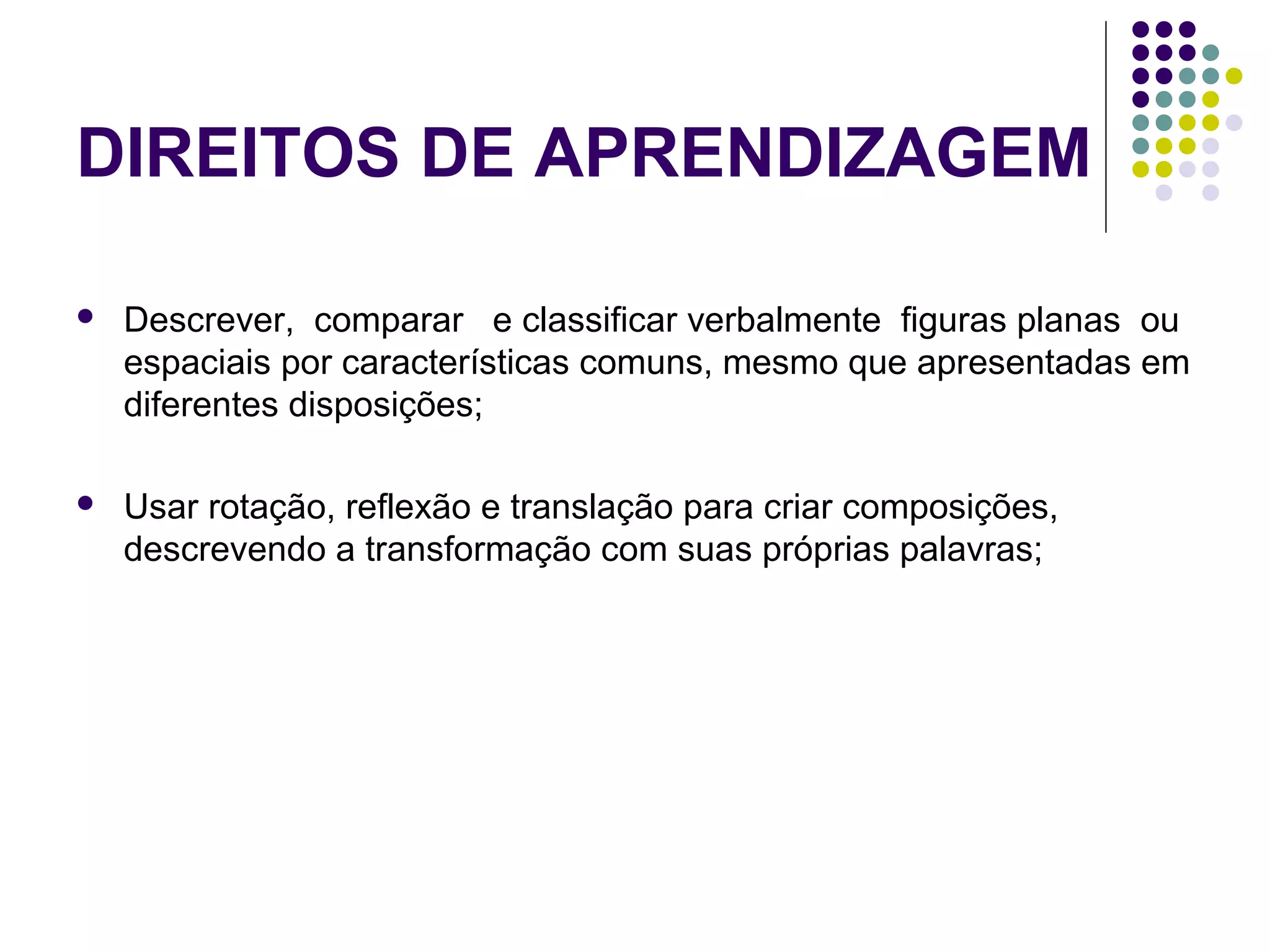 DIREITOS DE APRENDIZAGEM
 Descrever, comparar e classificar verbalmente figuras planas ou
espaciais por características comuns, mesmo que apresentadas em
diferentes disposições;
 Usar rotação, reflexão e translação para criar composições,
descrevendo a transformação com suas próprias palavras;
 