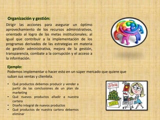 Organización y gestión:
Dirigir las acciones para asegurar un óptimo
aprovechamiento de los recursos administrativos,
orientado al logro de las metas institucionales; al
igual que contribuir a la implementación de los
programas derivados de las estrategias en materia
de gestión administrativa, mejora de la gestión,
transparencia, combate a la corrupción y el acceso a
la información.
Ejemplo:
Podemos implementar o hacer esto en un súper mercado que quiere que
suban sus ventas y clientela.
• Qué productos debemos producir y vender a
partir de las conclusiones de un plan de
marketing
• Qué nuevos productos añadir a nuestra
cartera
• Diseño integral de nuevos productos
• Qué productos de nuestra cartera debemos
eliminar
 