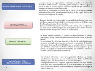IMPORTANCIA DE LOS SINDICATOS
La relevancia de las organizaciones sindicales, consiste en la unión de
individuos pertenecientes a un mismo gremio o rama de actividad, pues a
través de estas se pueden llegar a acuerdos o beneficios que favorezcan y
protejan los derechos de los trabajadores.
Asimismo es importante mencionar que a través de las organizaciones
sindicales se lograr las negociaciones colectivas de las cuales derivan las
convenciones colectivas de trabajo.
LIBERTAD SINDICAL
Es aquel derecho que poseen todos los trabajadores de formar parte o no
de alguna organización sindical, así como de constituir un sindicato para
la adecuada protección de sus derechos.
La relevancia de esta es que al permitir que los trabajadores se organicen,
sin restricciones de terceras personas, se logra la defensa de los intereses
legítimos de los trabajadores a través de los sindicatos.
ESTABILIDAD LABORAL
Se define como el derecho a la garantía de permanencia en su trabajo,
mientras no tengan causas que justifiquen la culminación de la relación
laboral.
La importancia de esta es que garantiza el derecho de los trabajadores de
conservar su empleo, siempre que no incurra en una causa de despido.
Esto quiere decir que la estabilidad laboral en una garantía que procura
que el trabajador conserve su trabajo, además de que asegura de que el
patrono no despida a determinado trabajador por problemas externos a
su labor o cuando el mismo no lo merezca.
IMPORTANCIA DE LAS
NEGOCIACIONES COLECTIVAS
La principal relevancia es que las negociación colectivas de trabajo
constituyen la figura sine qua non para la solución de los conflictos de
trabajo que día con día se viven en las relaciones laborales.
La negociación colectiva juega un papel relevante no solo en el ámbito
individual sino principalmente en el Derecho Colectivo en donde se
fijan, se pactan o ajustan las condiciones de trabajo dando solución a
dichos conflictos
 