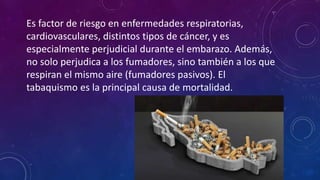 Es factor de riesgo en enfermedades respiratorias,
cardiovasculares, distintos tipos de cáncer, y es
especialmente perjudicial durante el embarazo. Además,
no solo perjudica a los fumadores, sino también a los que
respiran el mismo aire (fumadores pasivos). El
tabaquismo es la principal causa de mortalidad.
 