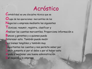 Contabilidad es una disciplina técnica que se
Ocupa de las operaciones mercantiles de los
Negocios u empresa mediante las siguientes
Técnicas; resumir, registra, clasificar y
Analizar las cuentas mercantiles. Proporciona información a
Bancos y gerentes y a quienes pueda
Interesar esto. También puede medir
Los bienes tangibles y también muy
Importantes las cuentas y nos permite saber por
Donde aumenta si por el debe o por el haber esto
Ayuda a mantener una buena administración
Del negocio u la empresa
 
