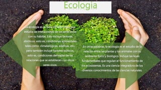 La ecología es la rama de la Biología que
estudia las interacciones de los seres vivos
con su hábitat. Esto incluye factores
abióticos, esto es, condiciones ambientales
tales como: climatológicas, edáficas, etc.;
pero también incluye factores bióticos,
esto es, condiciones derivadas de las
relaciones que se establecen con otros
seres vivos.
En otras palabras, la ecología es el estudio de la
relación entre las plantas y los animales con su
ambiente físico y biológico. Incluye las leyes
fundamentales que regulan el funcionamiento de
los ecosistemas. Es una ciencia integradora de los
diversos conocimientos de las ciencias naturales.
 