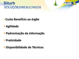 Siturb
SOLUÇÕES/RESULTADOS



 Custo Benefício ao órgão

 Agilidade

 Padronização da informação

 Praticidade

 Disponibilidade de Técnicos
 