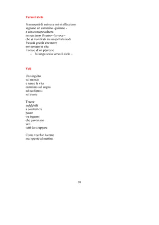Senza resa

Siamo figli
dello stesso cielo
e continuiamo a cercare
con tre passi intorno
ad ogni mistero
e la speranza d'accarezzare

Siamo muta attesa
di segni invisibili
disegnati nel cuore
che illuminino
ogni cammino
tra palpiti ed emozione

Siamo forza
che difende
ogni principio
segnato nel destino
e senza resa
vogliamo imparare

Scaglierò i miei sogni
Tra le stelle in cielo
questa notte
scaglierò i miei sogni
e nessuno
li potrà rubare
e domani
alle prime luci dell'alba
li raccoglierò
per poterli donare
a chi
Non cerca mai
di accendere
un sogno




                              

 