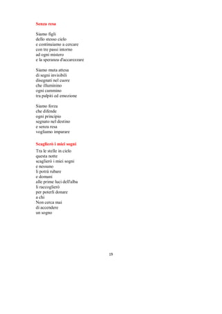 Piume al vento


Due piume restano ricordo
di quello che poteva essere
due piume confuse nel silenzio
arrivate da una folata di vento
Una storia mai conosciuta
e nella domanda di un attimo
nelle attese senza risposte
si consuma la forza di vivere

Mimosa


Ondeggia al vento
la tua bionda chioma
mentre tra le tue fronde
un passero riposa

Presenza pudica
che non cerca attenzione
mostri un timido sorriso
nella spuma fiorita

Restringi la foglia
al tocco invadente
di chi vuol carpire
la tua anima segreta

In voli radenti
con piume arruffate
e nascosti momenti
raccolti nel nido

Tra il mirto e il giaggiolo
lo sguardo sfiora
lo spazio tra il muro
e la leggiadra mimosa




                                  

 