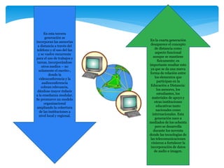 En esta tercera 
generación se 
incorporan las asesorías 
a distancia a través del 
teléfono y el uso del fax 
y se vuelve recurrente 
para el uso de trabajos y 
tareas, incorporándose 
otros medios – no 
solamente el escrito-, 
donde la 
videoconferencia y la 
audioconferencia 
cobran relevancia, 
dándose mayor énfasis 
a la enseñanza modular. 
Se promueve un modelo 
organizacional 
ampliando la cobertura 
de las instituciones a 
nivel local y regional. 
En la cuarta generación 
desaparece el concepto 
de distancia como 
aspecto funcional 
aunque se mantiene 
físicamente; es 
importante resaltar esto 
ya que se da una nueva 
forma de relación entre 
los elementos que 
participan en la 
Educación a Distancia: 
los asesores, los 
estudiantes, los 
materiales de apoyo y 
otras instituciones 
educativas tanto 
nacionales como 
internacionales. Esta 
generación nace a 
mediados de los ochenta 
pero se desarrolla 
durante los noventa 
donde las tecnologías de 
las telecomunicaciones 
vinieron a fortalecer la 
incorporación de datos 
de audio e imagen. 
 