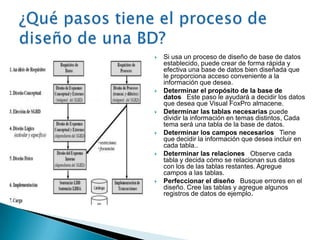    Si usa un proceso de diseño de base de datos
    establecido, puede crear de forma rápida y
    efectiva una base de datos bien diseñada que
    le proporciona acceso conveniente a la
    información que desea.
   Determinar el propósito de la base de
    datos Este paso le ayudará a decidir los datos
    que desea que Visual FoxPro almacene.
   Determinar las tablas necesarias puede
    dividir la información en temas distintos, Cada
    tema será una tabla de la base de datos.
   Determinar los campos necesarios Tiene
    que decidir la información que desea incluir en
    cada tabla..
   Determinar las relaciones Observe cada
    tabla y decida cómo se relacionan sus datos
    con los de las tablas restantes. Agregue
    campos a las tablas.
   Perfeccionar el diseño Busque errores en el
    diseño. Cree las tablas y agregue algunos
    registros de datos de ejemplo.
 