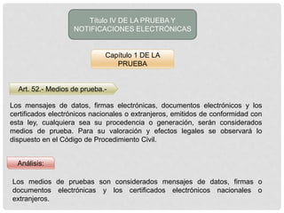 Capítulo 1 DE LA
PRUEBA
Título IV DE LA PRUEBA Y
NOTIFICACIONES ELECTRÓNICAS
Art. 52.- Medios de prueba.-
Análisis:
Los mensajes de datos, firmas electrónicas, documentos electrónicos y los
certificados electrónicos nacionales o extranjeros, emitidos de conformidad con
esta ley, cualquiera sea su procedencia o generación, serán considerados
medios de prueba. Para su valoración y efectos legales se observará lo
dispuesto en el Código de Procedimiento Civil.
Los medios de pruebas son considerados mensajes de datos, firmas o
documentos electrónicas y los certificados electrónicos nacionales o
extranjeros.
 
