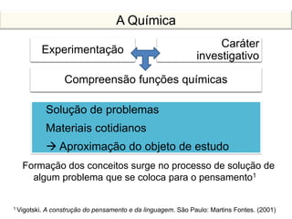 Experimentação
Caráter
investigativo
Compreensão funções químicas
Solução de problemas
Materiais cotidianos
 Aproximação do objeto de estudo
Formação dos conceitos surge no processo de solução de
algum problema que se coloca para o pensamento1
1 Vigotski. A construção do pensamento e da linguagem. São Paulo: Martins Fontes. (2001)
A Química
 