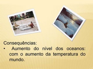 Consequências:
• Aumento do nível dos oceanos:
  com o aumento da temperatura do
  mundo.
 
