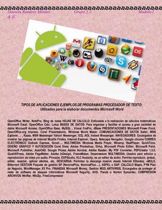 Daniela Ramírez Méndez Grupo 3.2 Modulo I
& II
TIPOS DE APLICACIONES EJEMPLOS DE PROGRAMAS PROCESADOR DE TEXTO:
Utilizados para la elaborar documentos Microsoft Word
OpenOffice Writer, NotePro, Blog de notas HOJAS DE CALCULO: Enfocadas a la realización de cálculos matemáticos
Microsoft Excel. OpenOffice Calc, Lotus BASES DE DATOS: Para organizar y facilitar el acceso a gran cantidad de
datos Microsoft Access, OpenOffice Base, MySQL , Visual FoxPro, dBase PRESENTACIONES Microsoft Power Point,
OpenOffice.org Impress, Corel Presentations, Windows Movie Maker. COMUNICACIONES DE DATOS Safari, MSN
Explorer, , , Kazaa, MSN Messenger Yahoo! Messenger, ICQ, AOL Instant Messenger, NAVEGADORES: Encargados de
mostrar las páginas de Internet Mozilla Firefox, Internet Explorer, Opera, Netscape Navigator, Google chrome CORREO
ELECTRÓNICO Outlook Express, Gmail…. MULTIMEDIA Windows Media Player, Winamp, RealPlayer, QuickTime.
DISEÑO GRAFICO Y AUTOEDICIÓN Corel Draw, Adobe Photoshop, Gimp, Microsoft Photo Editor, Microsoft Paint,
Microsoft Publisher, AutoCAD. Google Picasa Adobe Acrobat, Adobe Reader, My PDF Converter, PDFCreator 1.5.0,
QuarkXPress, Adobe PageMaker, Adobe InDesign, FrameMaker, Dreamweaver MULTIMEDIA: Usados para edición y
reproducción de vídeo y/o audio. Pinnacle, EXPStudio, VLC Audacity, es un editor de audio. Permite reproducir, grabar,
editar, mezclar, aplicar efectos, etc. DESCARGA: Permiten la descarga masiva desde Internet EDonkey, eMULE,
Bittorrent GESTION Paquete de gestión SP (NominaPlús, NominaPlús….), ASPEL o SAP. CALCULO Maple, PYM Plan
de Negocio, MindManager X5 Pro. FINANZAS Microsoft Money, Gestión MGD ANTIVIRUS. Encargados de proteger al
resto de software de ataques informáticos Microsoft Segurity, AVG, Panda o Norton Symantec. COMPRESION
ARCHIVOS WinRar, WinZip, FreeCompressor
 