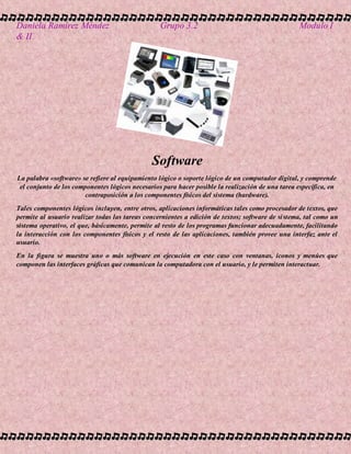 Daniela Ramírez Méndez Grupo 3.2 Modulo I
& II
Software
La palabra «software» se refiere al equipamiento lógico o soporte lógico de un computador digital, y comprende
el conjunto de los componentes lógicos necesarios para hacer posible la realización de una tarea específica, en
contraposición a los componentes físicos del sistema (hardware).
Tales componentes lógicos incluyen, entre otros, aplicaciones informáticas tales como procesador de textos, que
permite al usuario realizar todas las tareas concernientes a edición de textos; software de sistema, tal como un
sistema operativo, el que, básicamente, permite al resto de los programas funcionar adecuadamente, facilitando
la interacción con los componentes físicos y el resto de las aplicaciones, también provee una interfaz ante el
usuario.
En la figura se muestra uno o más software en ejecución en este caso con ventanas, iconos y menúes que
componen las interfaces gráficas que comunican la computadora con el usuario, y le permiten interactuar.
 