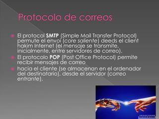 




El protocol SMTP (Simple Mail Transfer Protocol)
permute el envoi (core saliente) deeds el client
hakim Internet (el mensaje se transmite,
inicialmente, entre servidores de correo).
El protocolo POP (Post Office Protocol) permite
recibir mensajes de correo
hacia el cliente (se almacenan en el ordenador
del destinatario), desde el servidor (correo
entrante).

 