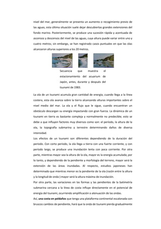 nivel del mar, generalmente se presenta un aumento o recogimiento previo de
las aguas; esta última situación suele dejar descubiertas grandes extensiones del
fondo marino. Posteriormente, se produce una sucesión rápida y acentuada de
ascensos y descensos del nivel de las aguas, cuya altura puede variar entre uno y
cuatro metros; sin embargo, se han registrado casos puntuales en que las olas
alcanzaron alturas superiores a los 20 metros.




                     Secuencia      que      muestra     el
                     estacionamiento del acuarium de
                     Japón, antes, durante y después del
                     tsunami de 1983.

La ola de un tsunami acumula gran cantidad de energía; cuando llega a la línea
costera, esta ola avanza sobre la tierra alcanzando alturas importantes sobre el
nivel medio del mar. La ola y el flujo que le sigue, cuando encuentran un
obstáculo descargan su energía impactando con gran fuerza. La dinámica de un
tsunami en tierra es bastante compleja y normalmente no predecible; esto se
debe a que influyen factores muy diversos como son: el período, la altura de la
ola, la topografía submarina y terrestre determinando daños de diversa
intensidad.
Los efectos de un tsunami son diferentes dependiendo de la duración del
período. Con corto período, la ola llega a tierra con una fuerte corriente, y con
período largo, se produce una inundación lenta con poca corriente. Por otra
parte, mientras mayor sea la altura de la ola, mayor es la energía acumulada; por
lo tanto, y dependiendo de la pendiente y morfología del terreno, mayor será la
extensión de las áreas inundadas. Al respecto, estudios japoneses han
determinado que mientras menor es la pendiente de la ola (razón entre la altura
y la longitud de onda ) mayor será la altura máxima de inundación.
Por otra parte, las variaciones en las formas y las pendientes de la batimetría
submarina cercana a la línea de costa influye directamente en el potencial de
energía del tsunami, ocurriendo amplificación o atenuación de las ondas.
Así, una costa en peldaños que tenga una plataforma continental escalonada con
bruscos cambios de pendiente, hará que la onda de tsunami pierda gradualmente
 