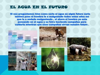 EL AGUA EN EL FUTURO
Si nos preguntamos bien como seria el agua en algún futuro seria
    mínima pues el hombre la a malgastado todos estos años así
     que la a andado malgastando , si ahora el hombre ya esta
      pensando en el agua y su futro haciendo campañas para
    cuidarla mientras que esas campañas sirvan nuestro futuro .
 