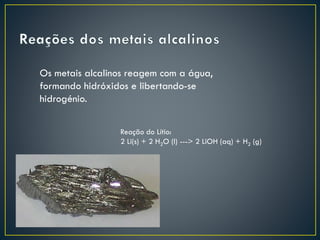 Os metais alcalinos reagem com a água,
formando hidróxidos e libertando-se
hidrogénio.
Reação do Lítio:
2 Li(s) + 2 H2O (l) ---> 2 LiOH (aq) + H2 (g)

 