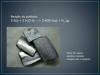 Reação do potássio:
2 K(s) + 2 H2O (l) ---> 2 KOH (aq) + H2 (g)

Nota: Os metais
alcalinos também
reagem com o oxigénio.

 