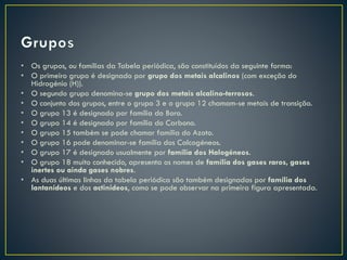 • Os grupos, ou famílias da Tabela periódica, são constituídos da seguinte forma:
• O primeiro grupo é designado por grupo dos metais alcalinos (com exceção do
Hidrogénio (H)).
• O segundo grupo denomina-se grupo dos metais alcalino-terrosos.
• O conjunto dos grupos, entre o grupo 3 e o grupo 12 chamam-se metais de transição.
• O grupo 13 é designado por família do Boro.
• O grupo 14 é designado por família do Carbono.
• O grupo 15 também se pode chamar família do Azoto.
• O grupo 16 pode denominar-se família dos Calcogéneos.
• O grupo 17 é designado usualmente por família dos Halogéneos.
• O grupo 18 muito conhecido, apresenta os nomes de família dos gases raros, gases
inertes ou ainda gases nobres.
• As duas últimas linhas da tabela periódica são também designadas por família dos
lantanídeos e dos actinídeos, como se pode observar na primeira figura apresentada.

 