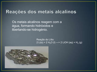 Os metais alcalinos reagem com a
água, formando hidróxidos e
libertando-se hidrogénio.
Reação do Lítio:
2 Li(s) + 2 H2O (l) ---> 2 LiOH (aq) + H2 (g)

 