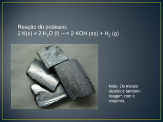 Reação do potássio:
2 K(s) + 2 H2O (l) ---> 2 KOH (aq) + H2 (g)

Nota: Os metais
alcalinos também
reagem com o
oxigénio.

 