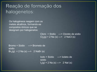 Os halogéneos reagem com os
metais alcalinos, formando-se
compostos iónicos que se
designam por halogenetos:

Cloro + Sódio ---> Cloreto de sódio
Cl2(g) + 2 Na (s) ---> 2 NaCl (s)

Bromo + Sódio ---> Brometo de
sódio
Br2(g) + 2 Na (s) ---> 2 NaBr (s)
Iodo + Sódio ---> Iodeto de
sódio
I2(g) + 2 Na (s) ---> 2 NaI (s)

 