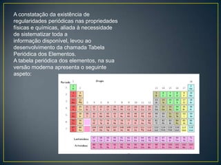 A constatação da existência de
regularidades periódicas nas propriedades
físicas e químicas, aliada à necessidade
de sistematizar toda a
informação disponível, levou ao
desenvolvimento da chamada Tabela
Periódica dos Elementos.
A tabela periódica dos elementos, na sua
versão moderna apresenta o seguinte
aspeto:

 