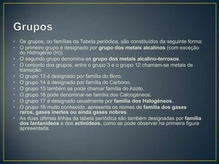 • Os grupos, ou famílias da Tabela periódica, são constituídos da seguinte forma:
• O primeiro grupo é designado por grupo dos metais alcalinos (com exceção
do Hidrogénio (H)).
• O segundo grupo denomina-se grupo dos metais alcalino-terrosos.
• O conjunto dos grupos, entre o grupo 3 e o grupo 12 chamam-se metais de
transição.
• O grupo 13 é designado por família do Boro.
• O grupo 14 é designado por família do Carbono.
• O grupo 15 também se pode chamar família do Azoto.
• O grupo 16 pode denominar-se família dos Calcogéneos.
• O grupo 17 é designado usualmente por família dos Halogéneos.
• O grupo 18 muito conhecido, apresenta os nomes de família dos gases
raros, gases inertes ou ainda gases nobres.
• As duas últimas linhas da tabela periódica são também designadas por família
dos lantanídeos e dos actinídeos, como se pode observar na primeira figura
apresentada.

 