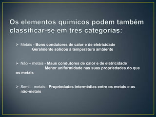  Metais - Bons condutores de calor e de eletricidade
Geralmente sólidos à temperatura ambiente
 Não – metais - Maus condutores de calor e de eletricidade
Menor uniformidade nas suas propriedades do que
os metais
 Semi – metais - Propriedades intermédias entre os metais e os
não-metais

 