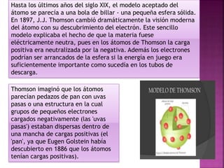 Hasta los últimos años del siglo XIX, el modelo aceptado del
átomo se parecía a una bola de billar - una pequeña esfera sólida.
En 1897, J.J. Thomson cambió dramáticamente la visión moderna
del átomo con su descubrimiento del electrón. Este sencillo
modelo explicaba el hecho de que la materia fuese
eléctricamente neutra, pues en los átomos de Thomson la carga
positiva era neutralizada por la negativa. Además los electrones
podrían ser arrancados de la esfera si la energía en juego era
suficientemente importante como sucedía en los tubos de
descarga.
Thomson imaginó que los átomos
parecían pedazos de pan con uvas
pasas o una estructura en la cual
grupos de pequeños electrones
cargados negativamente (las 'uvas
pasas') estaban dispersas dentro de
una mancha de cargas positivas (el
'pan', ya que Eugen Golstein había
descubierto en 1886 que los átomos
tenían cargas positivas).
 