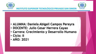 • ALUMNA: Daniela Abigail Campos Pereyra
• DOCENTE: Julio Cesar Herrera Cayao
• Carrera: Crecimiento y Desarrollo Humano
• Ciclo: II
• AÑO: 2021
 