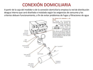 CONEXIÓN DOMICILIARIA
A partir de la caja del medidor o de la conexión domiciliaria empieza la red de distribución
deagua interna que será diseñada e instalada según las exigencias de consumo y los
criterios debuen funcionamiento, a fin de evitar problemas de fugas y filtraciones de agua
 
