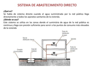SISTEMA DE ABASTECIMIENTO DIRECTO
¿Qué es?
Se habla de sistema directo cuando el agua suministrada por la red pública llega
directamente a todos los aparatos sanitarios de la vivienda.
¿Dónde se usa?
Este sistema se utiliza en las zonas donde el suministro de agua de la red pública es
continua y llega con presión suficiente para servir a los puntos de consumo más elevados
de la vivienda
 
