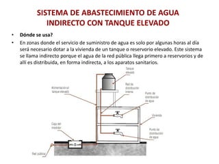 SISTEMA DE ABASTECIMIENTO DE AGUA
              INDIRECTO CON TANQUE ELEVADO
•   Dónde se usa?
•   En zonas donde el servicio de suministro de agua es solo por algunas horas al día
    será necesario dotar a la vivienda de un tanque o reservorio elevado. Este sistema
    se llama indirecto porque el agua de la red pública llega primero a reservorios y de
    allí es distribuida, en forma indirecta, a los aparatos sanitarios.
 