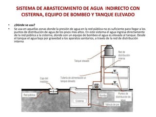 SISTEMA DE ABASTECIMIENTO DE AGUA INDIRECTO CON
        CISTERNA, EQUIPO DE BOMBEO Y TANQUE ELEVADO
•   ¿Dónde se usa?
•   Se usa en aquellas zonas donde la presión de agua en la red pública no es suficiente para llegar a los
    puntos de distribución de agua de los pisos más altos. En este sistema el agua ingresa directamente
    de la red pública a la cisterna, donde con un equipo de bombeo el agua es elevada al tanque. Desde
    el tanque el agua baja por gravedad a los aparatos sanitarios, a través de la red de distribución
    interna
 