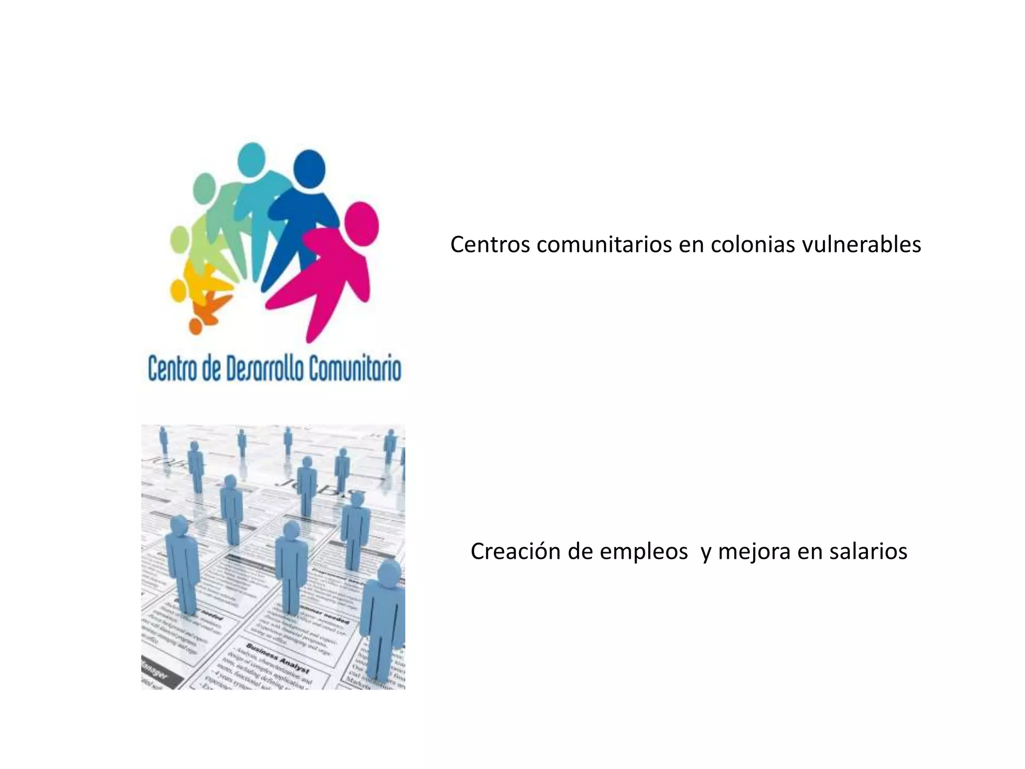 Centros comunitarios en colonias vulnerables
Creación de empleos y mejora en salarios