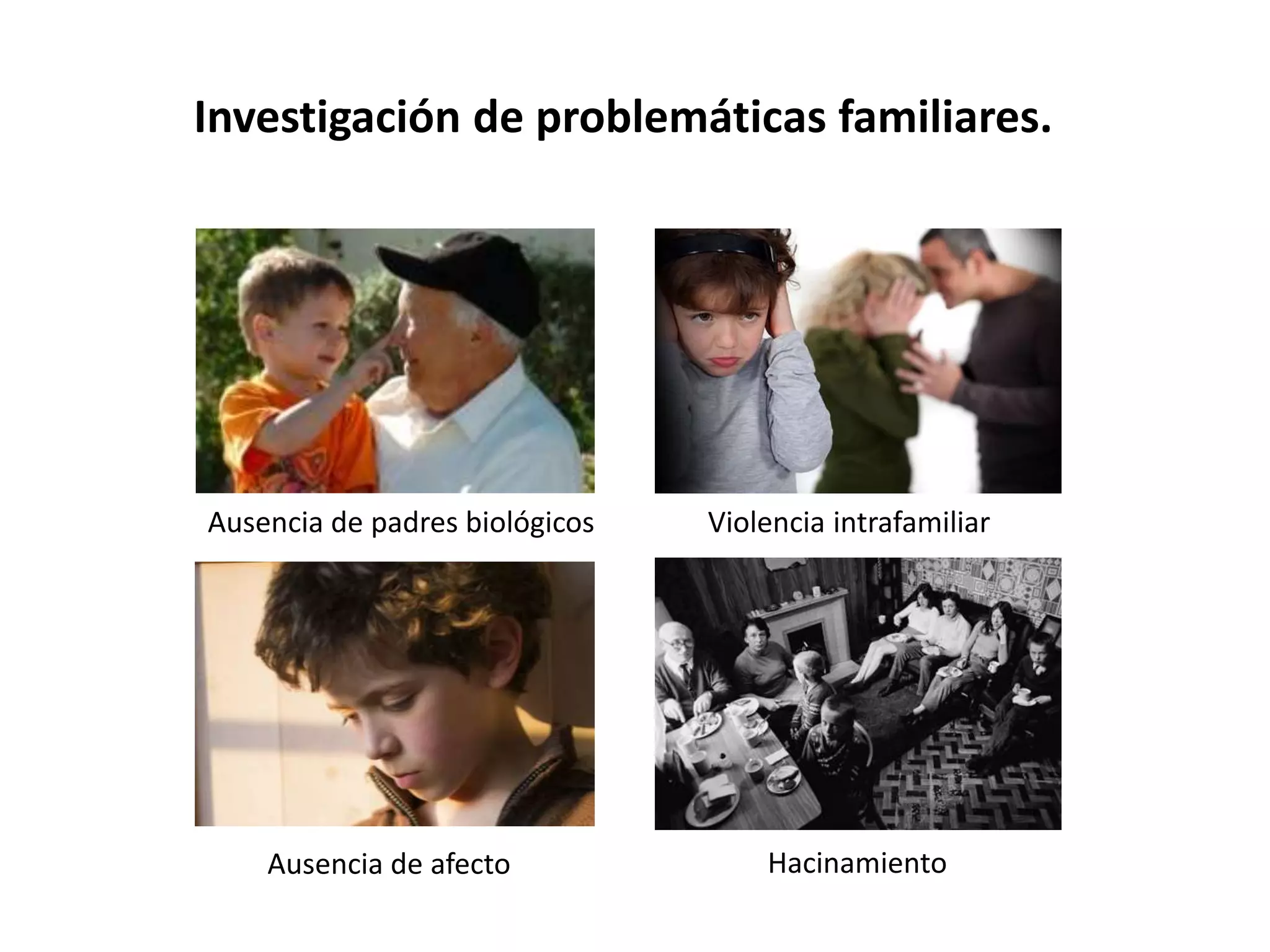 Investigación de problemáticas familiares.
Ausencia de padres biológicos
Ausencia de afecto Hacinamiento
Violencia intrafamiliar