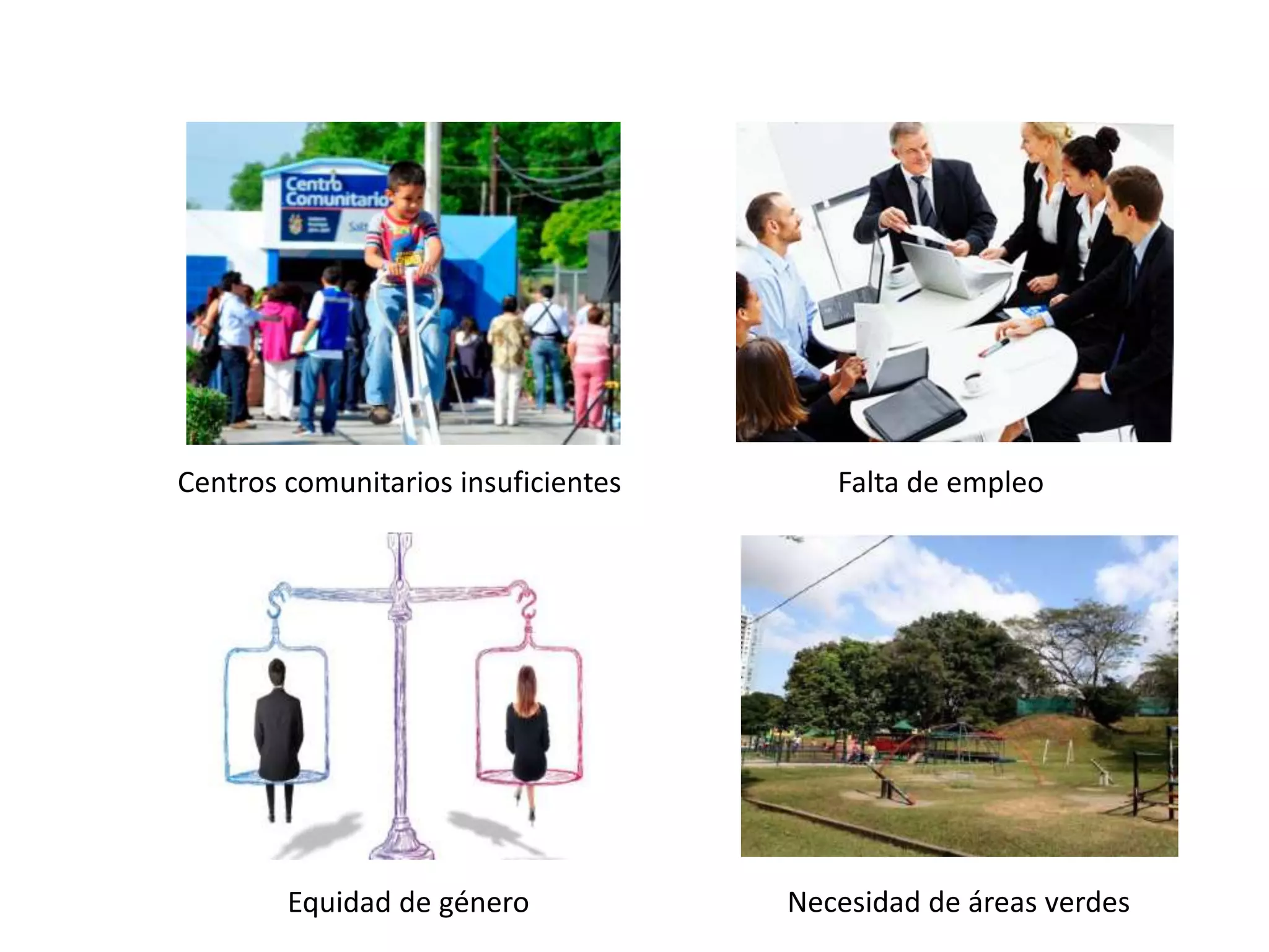 Centros comunitarios insuficientes Falta de empleo
Equidad de género Necesidad de áreas verdes