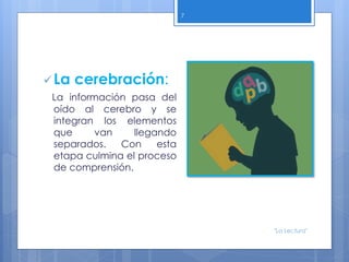 La cerebración:
La información pasa del
oído al cerebro y se
integran los elementos
que van llegando
separados. Con esta
etapa culmina el proceso
de comprensión.
7
"La Lectura"
 