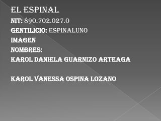 El espinal
NIT: 890.702.027.0
Gentilicio: Espinaluno
Imagen
Nombres:
Karol Daniela guarnizo Arteaga
karol Vanessa Ospina lozano

 