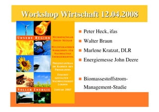     Peter Heck, ifas
    Walter Braun
    Marlene Kratzat, DLR
    Energiemesse John Deere


    Biomassestoffstrom-
     Management-Studie
 